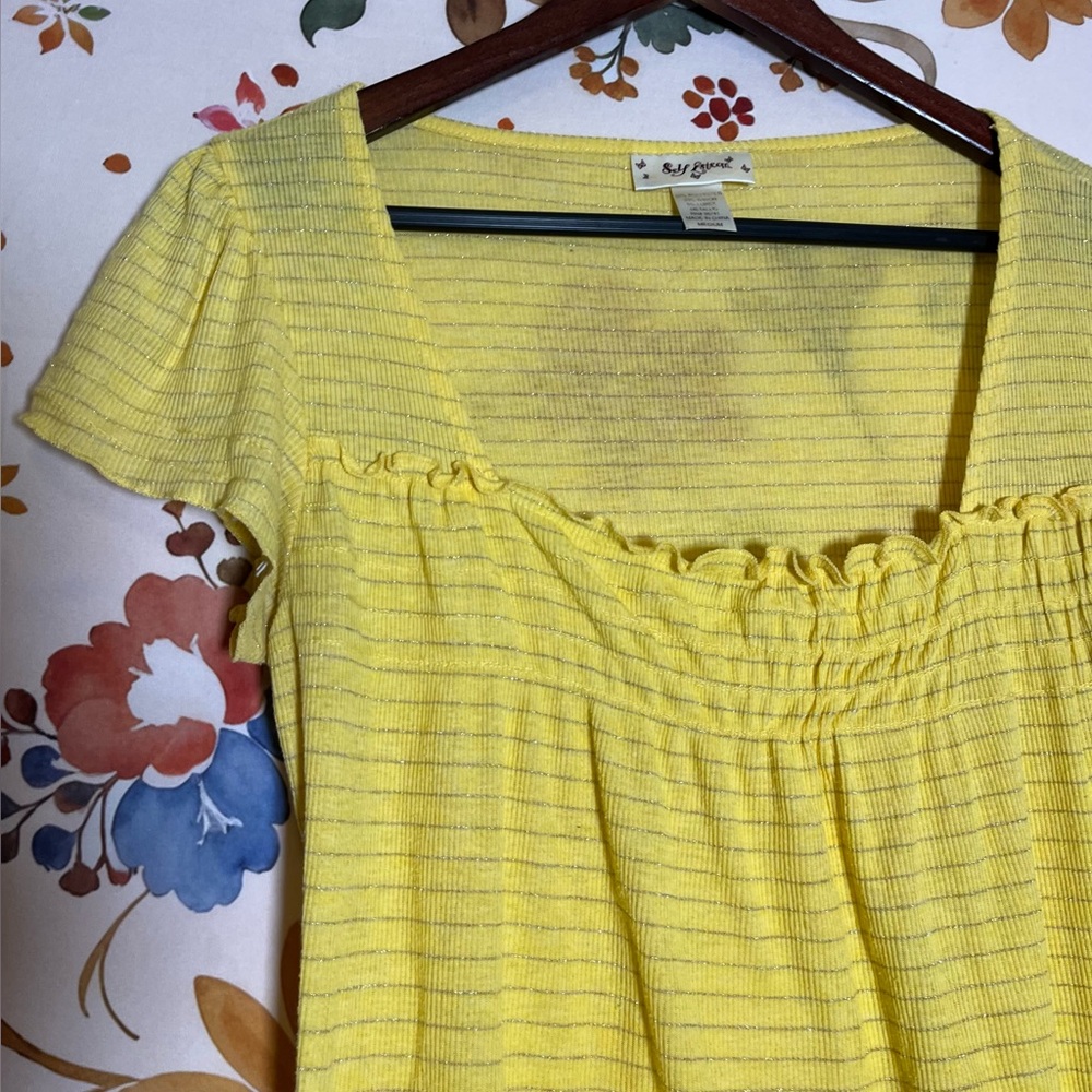 Y2K Self Esteem Juniors M Yellow Glitter Square Neck Babydoll Tunic Tee Sheer